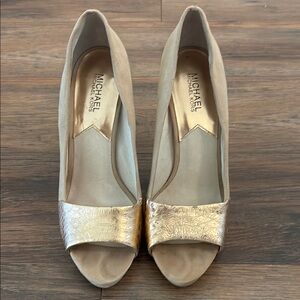 Michael Kors RoseGold and Tan Peep Toe Heels